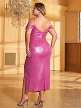 Plus Size Metallic Pink Cold Shoulder Split Dress